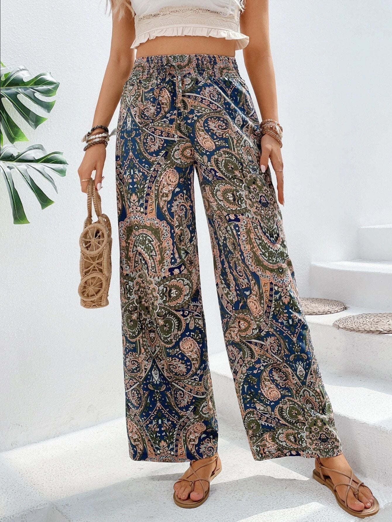 Paisley Printed Elastic Waist Wide Leg Pants