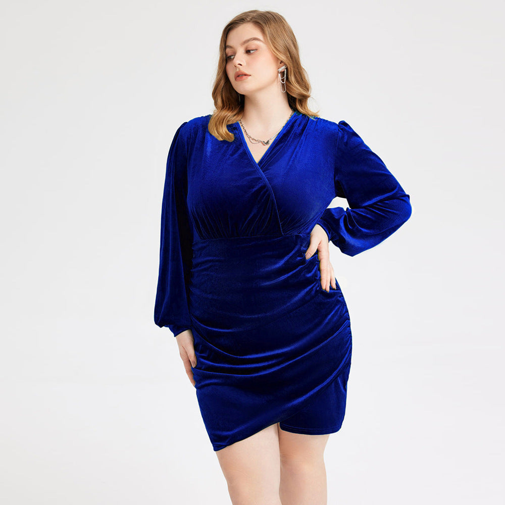 Robe fourreau bleue à col en V Robe Pleuche française élégante