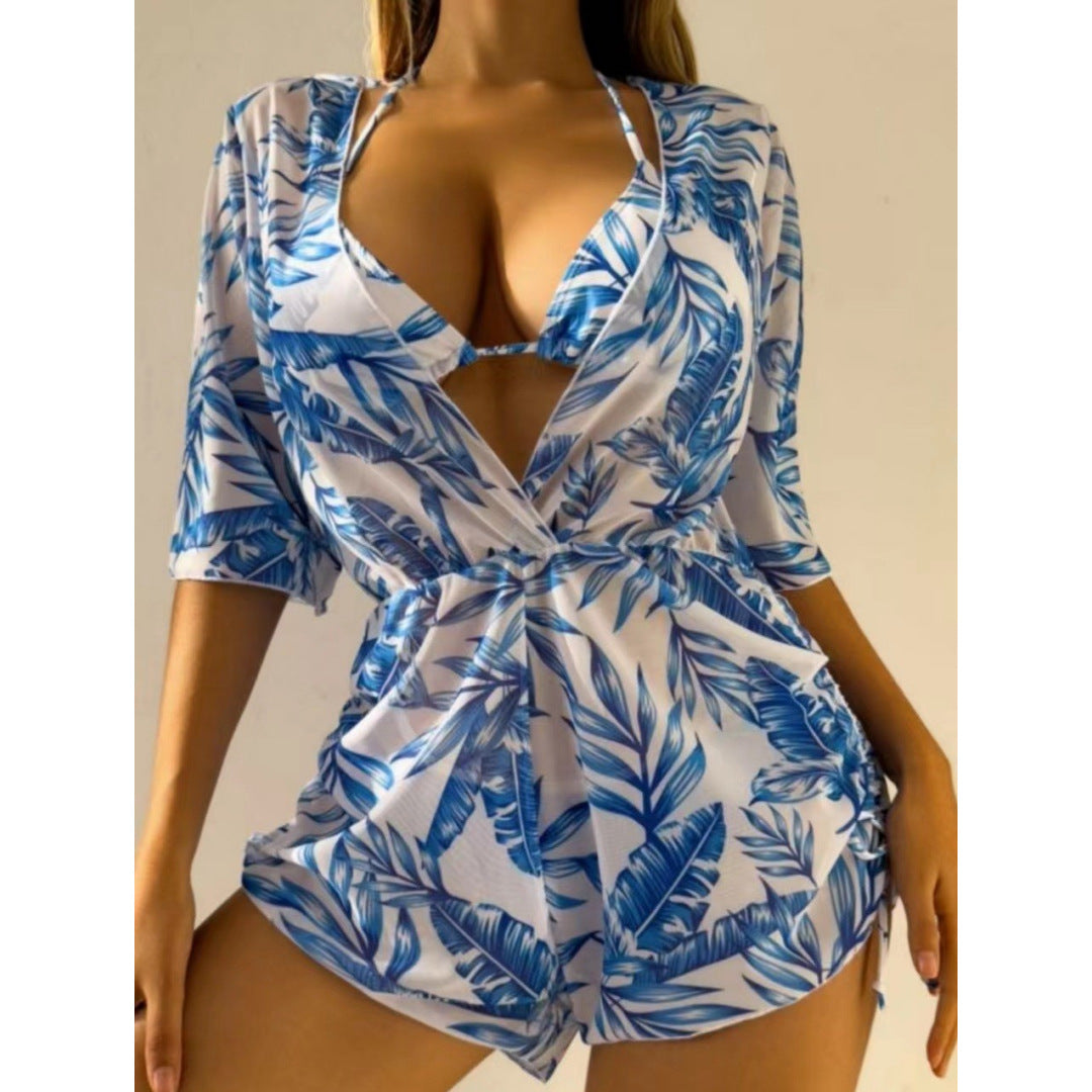 Three Piece Bikini Leaves Printed Set