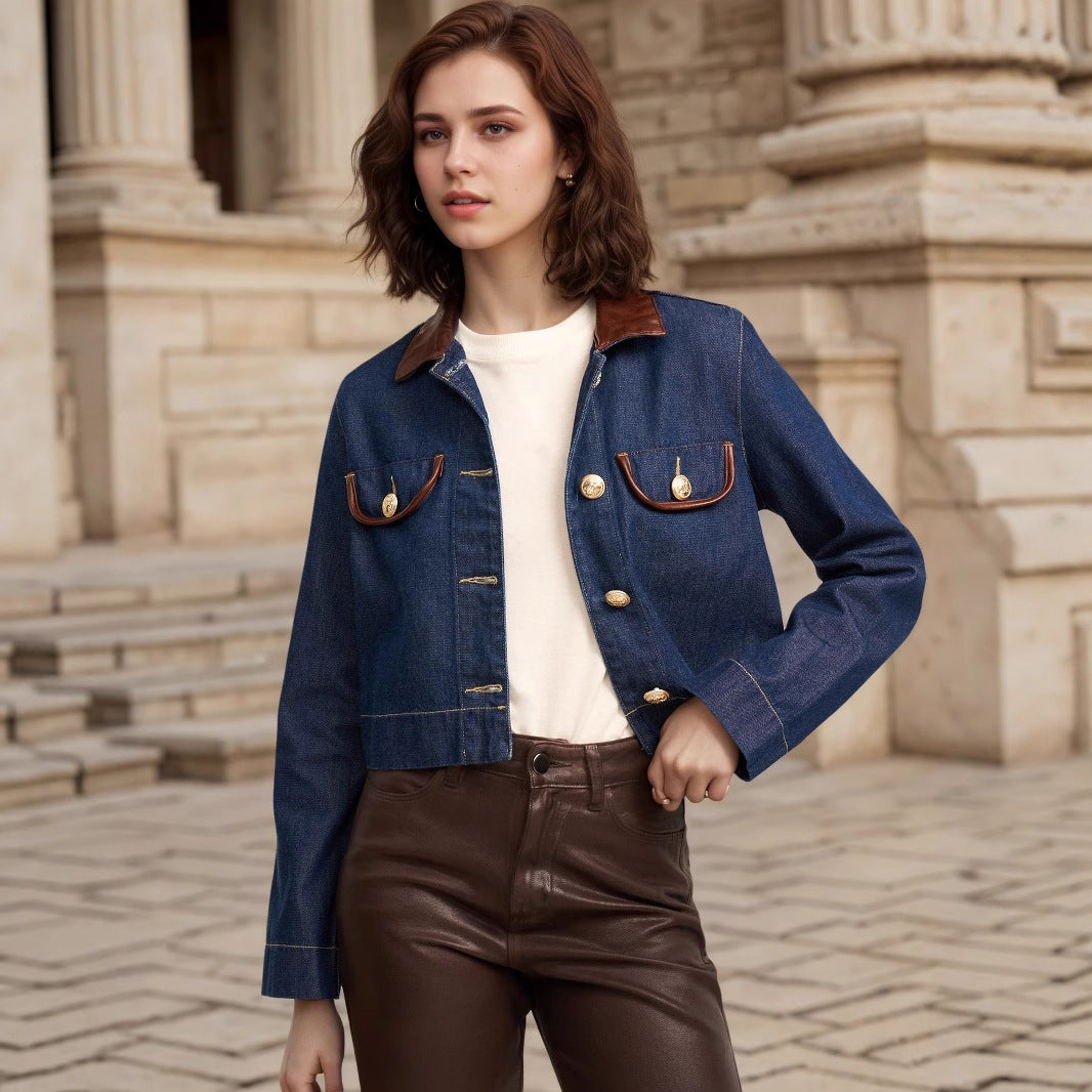 Button Embelishment with Leather Denim Jacket