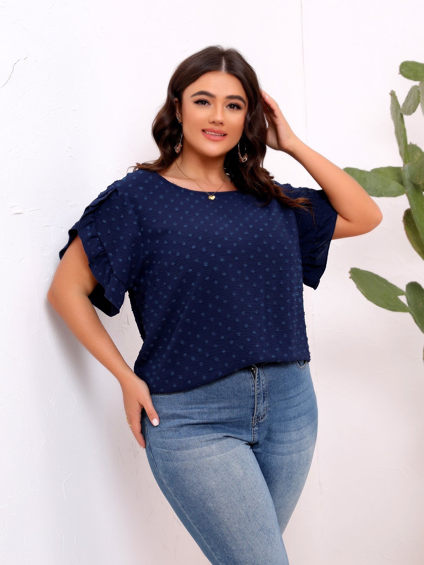 Navy Ruffle Textured Blouse
