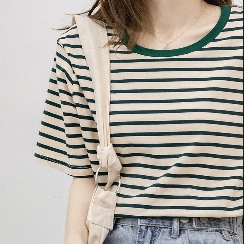 Basic Striped Cotton Short Sleeved T-shirt