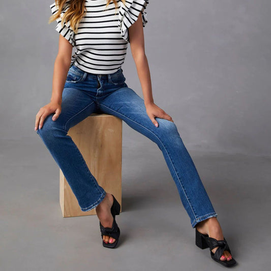 Elastic High Waist Straight Leg Jeans