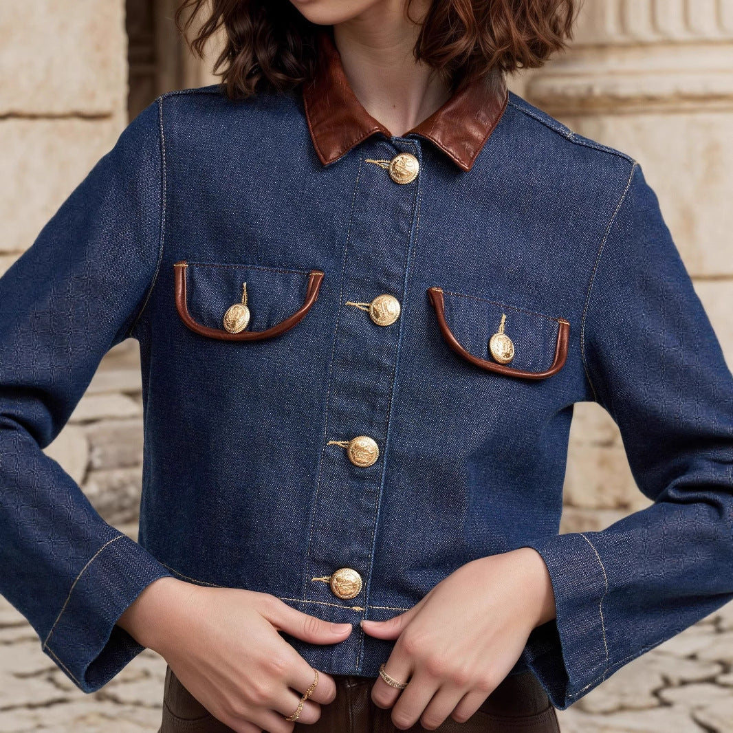 Button Embelishment with Leather Denim Jacket