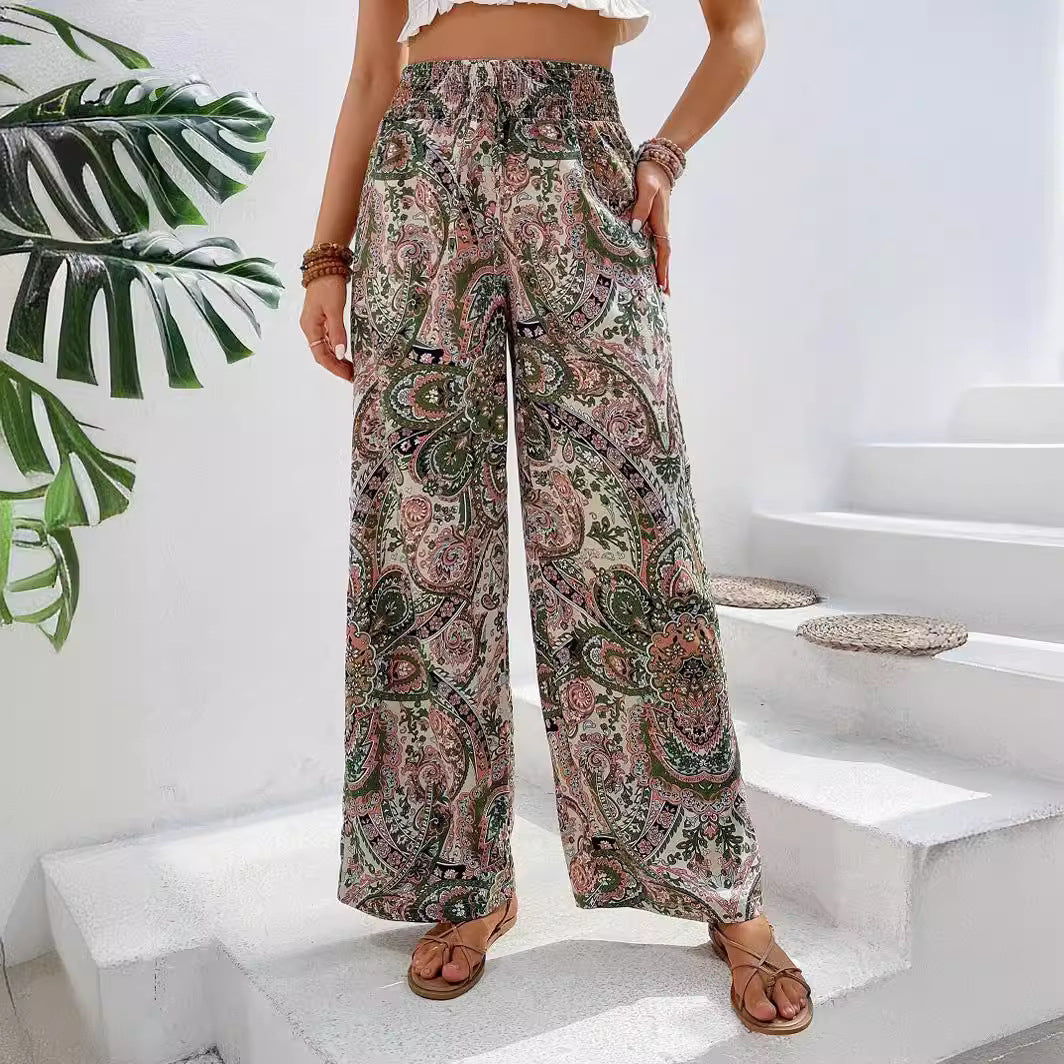 Paisley Printed Elastic Waist Wide Leg Pants
