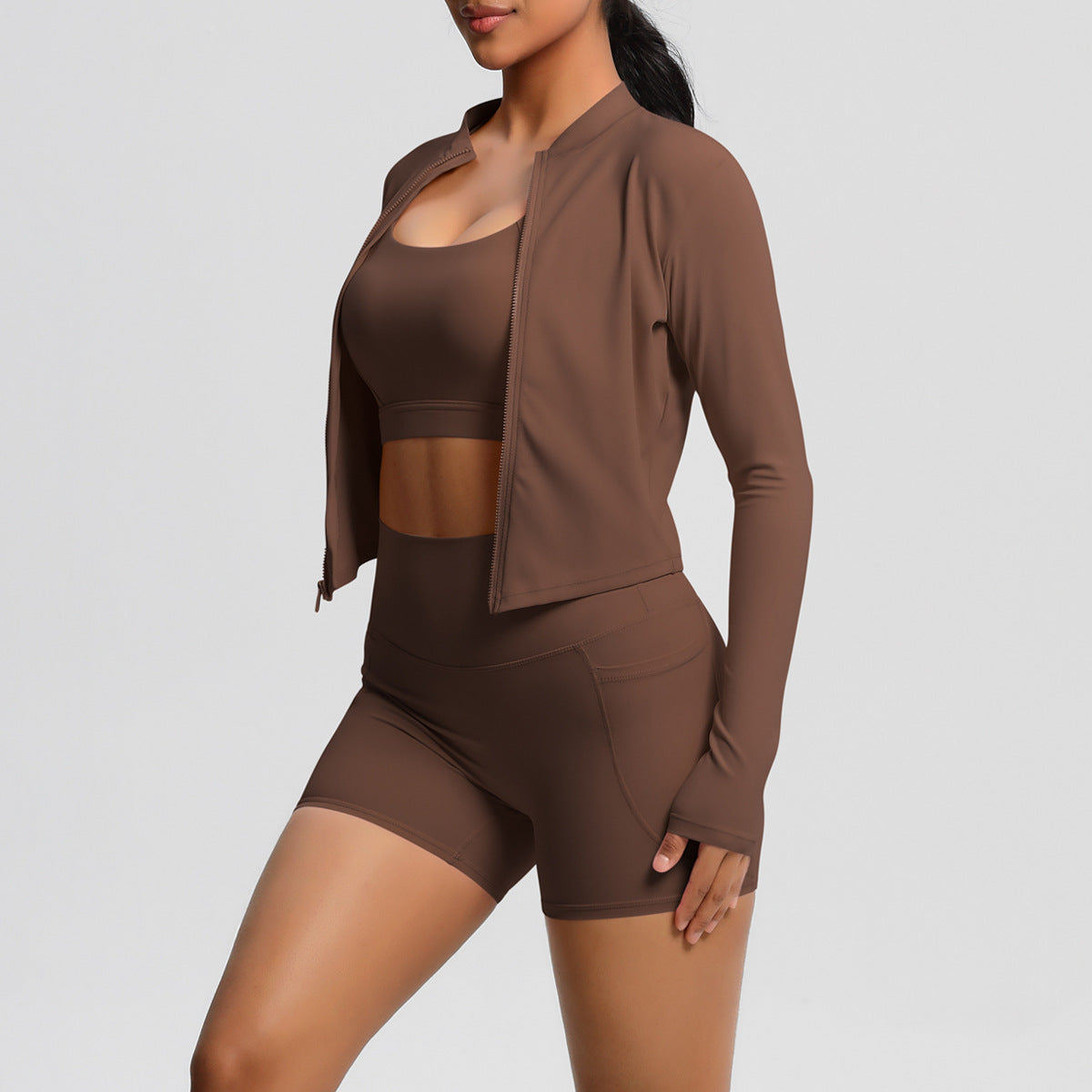 Jacket, Yoga Bra, Pocket Shorts Three Piece Set