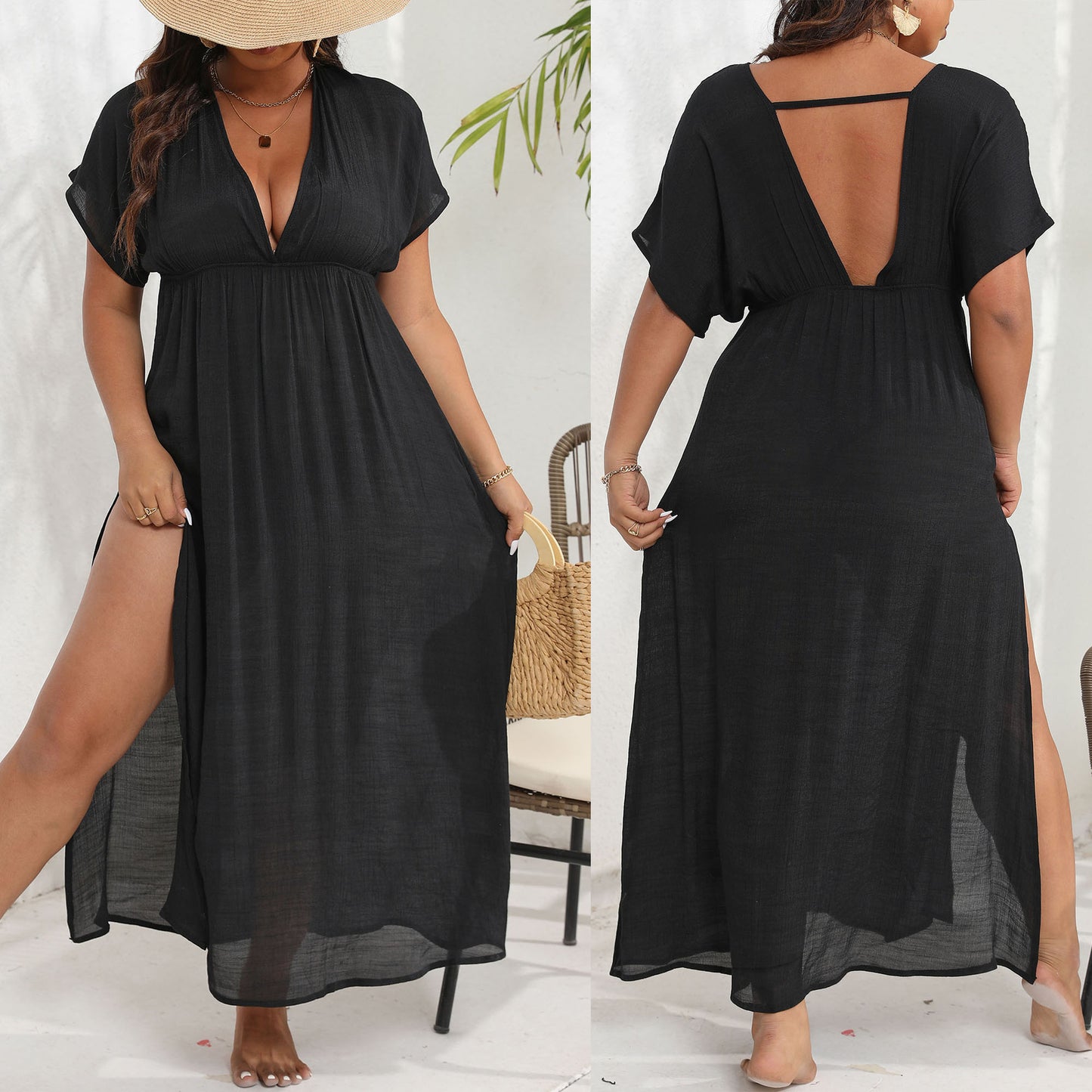 Black Backless Beach Curvy Cover-up