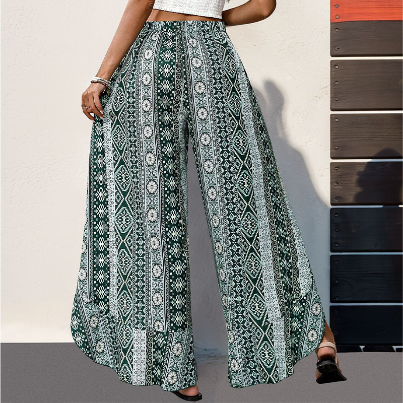 Green Print Ruffled Split Wide Leg Pants