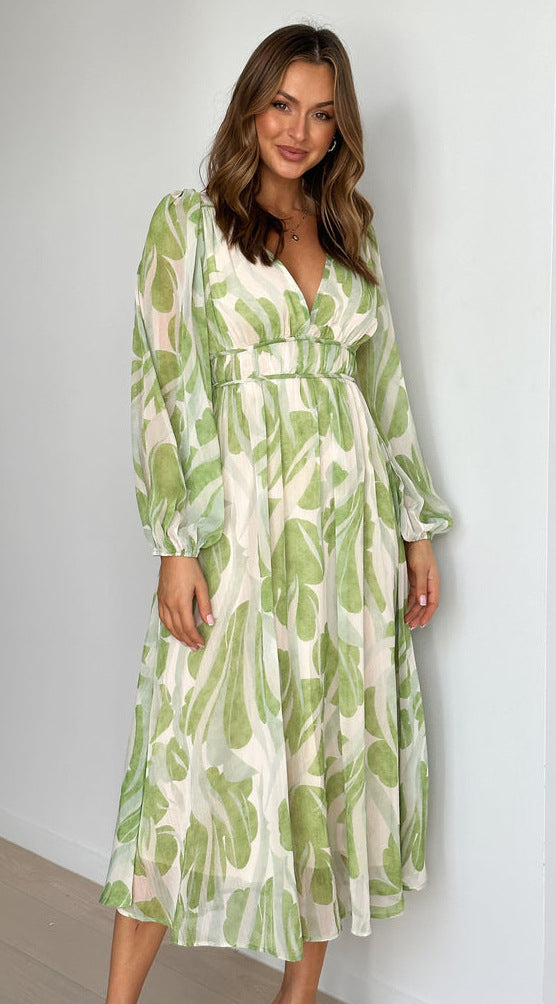 Chiffon Printed V-neck Floral Dress