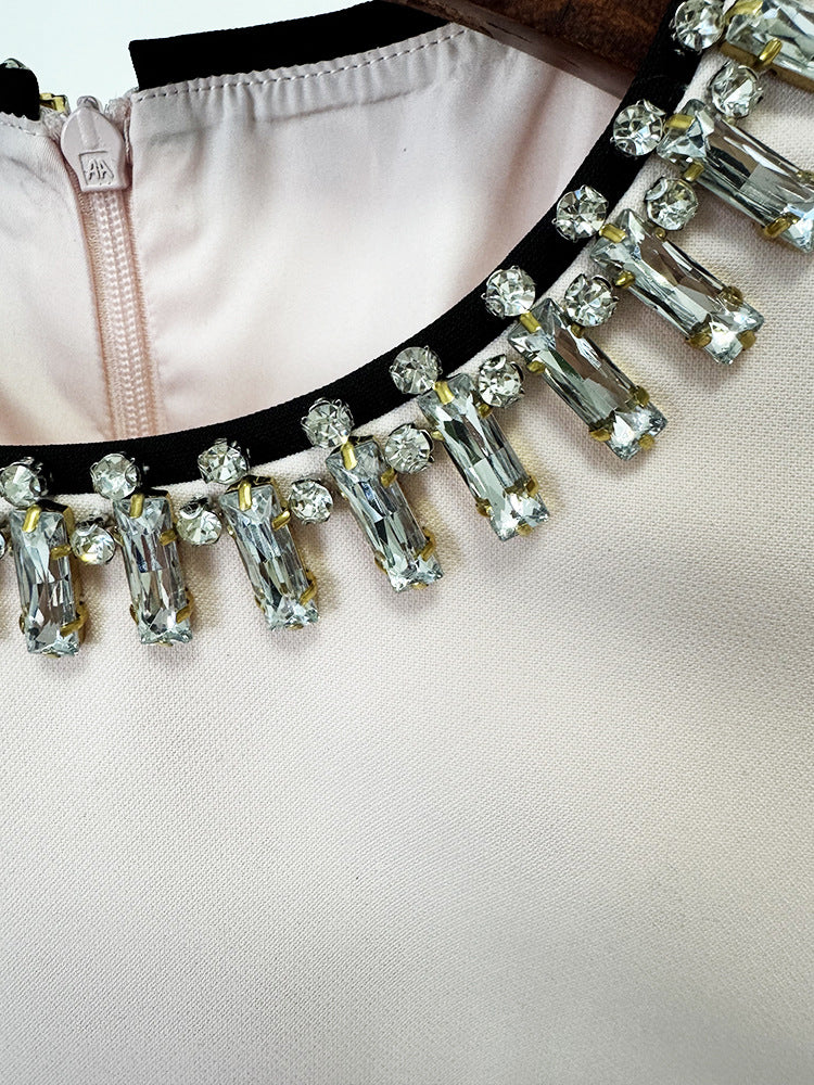 Spring Socialite Simple Graceful Diamond Beaded Color Matching Long Sleeve Dress