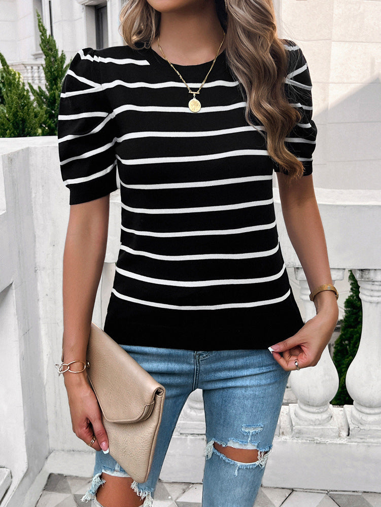 Bubble Sleeve Round Neck Striped Sweater