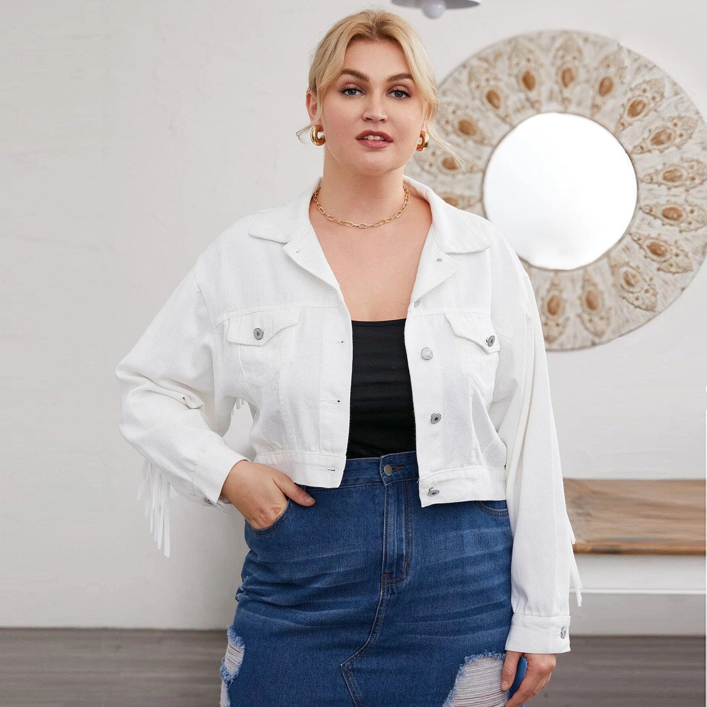 White Denim Jacket with Tassels