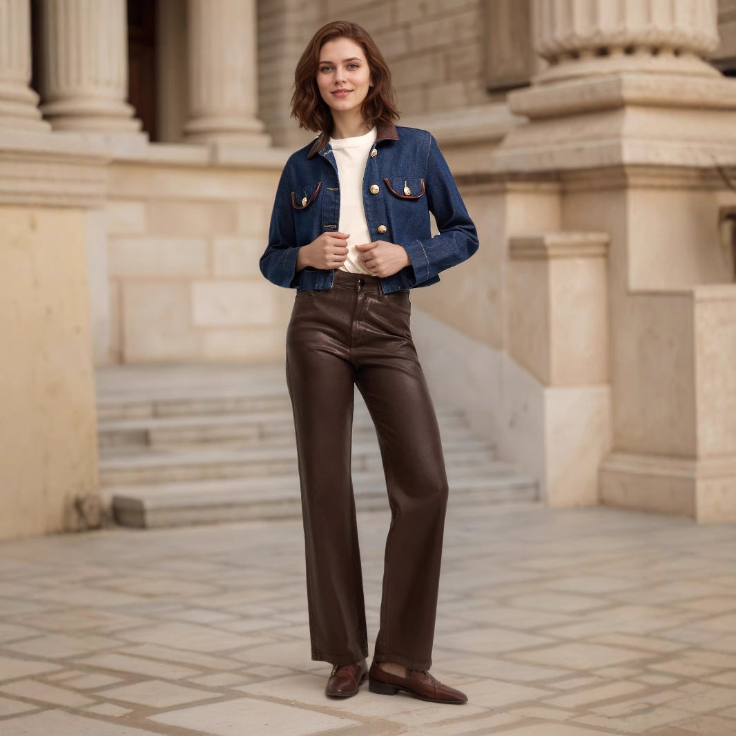 Button Embelishment with Leather Denim Jacket