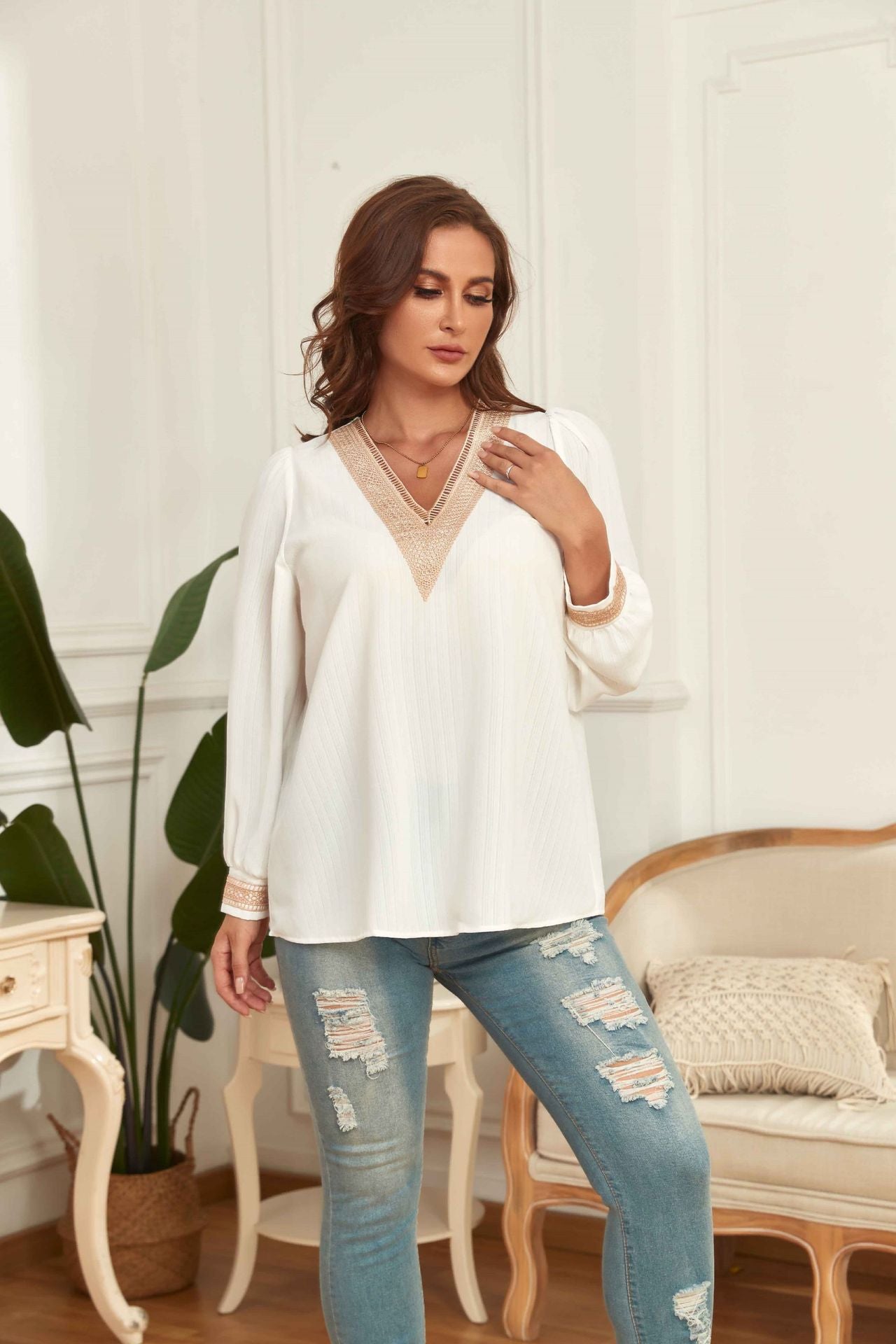 White V-neck Loose Long Sleeve Blouse