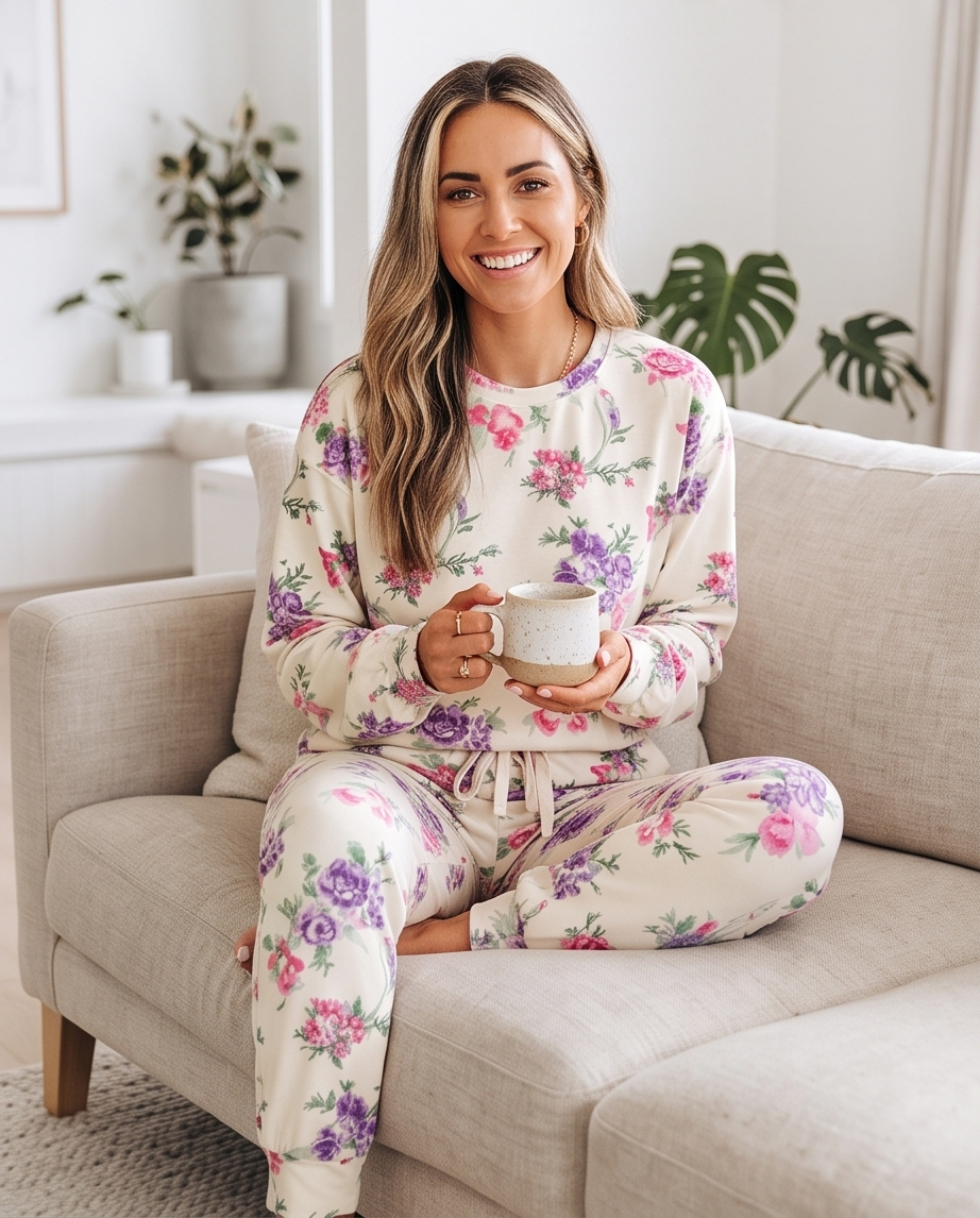 Floral Print Round Neck Top and Drawstring Pants Lounge Set