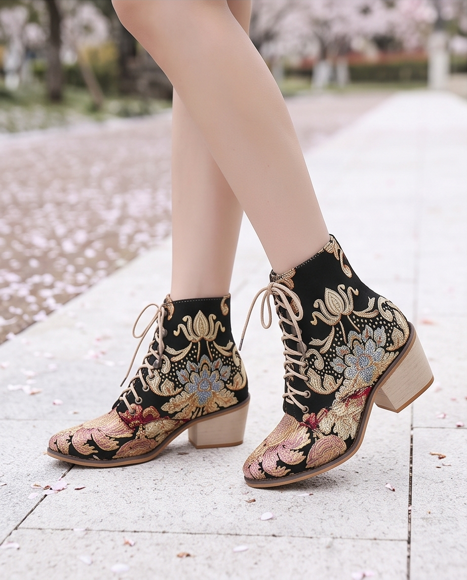 Embroidered Floral Lace-Up Ankle Boots