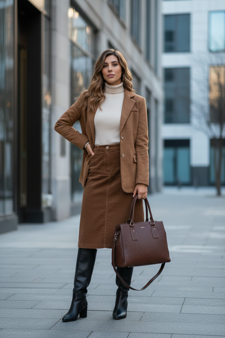 Winter Editorial — Blazer, Midi Corduroy Skirt & Knee High Boots