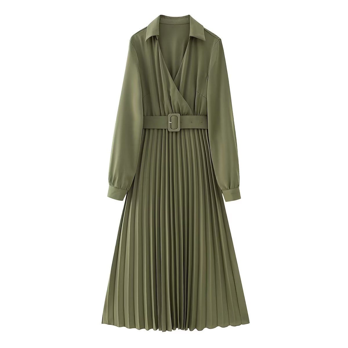 Green Belt Pleated Dress