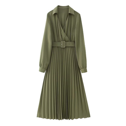 Green Belt Pleated Dress
