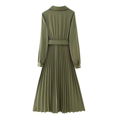 Green Belt Pleated Dress