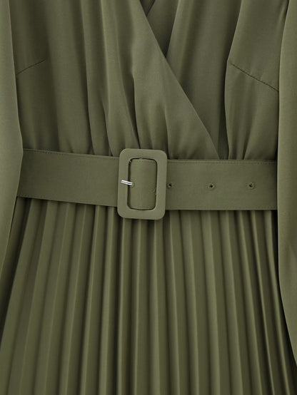 Green Belt Pleated Dress