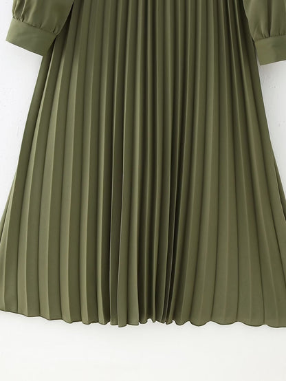Green Belt Pleated Dress