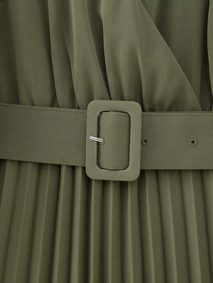 Green Belt Pleated Dress