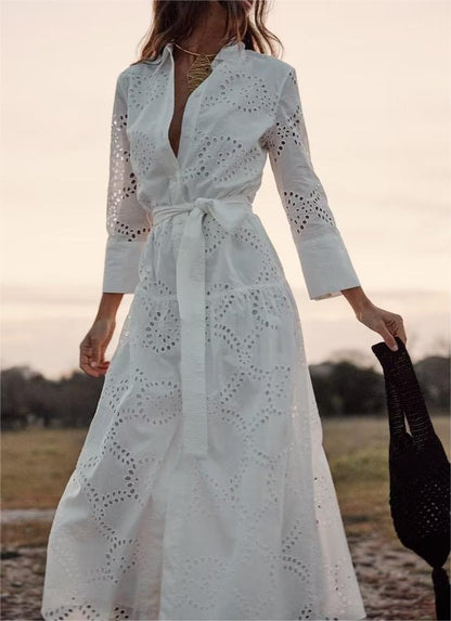 Embroidered Maxi Dress with Belt