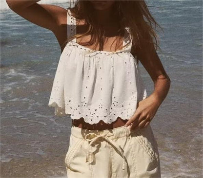 White Embroidered Strap Top