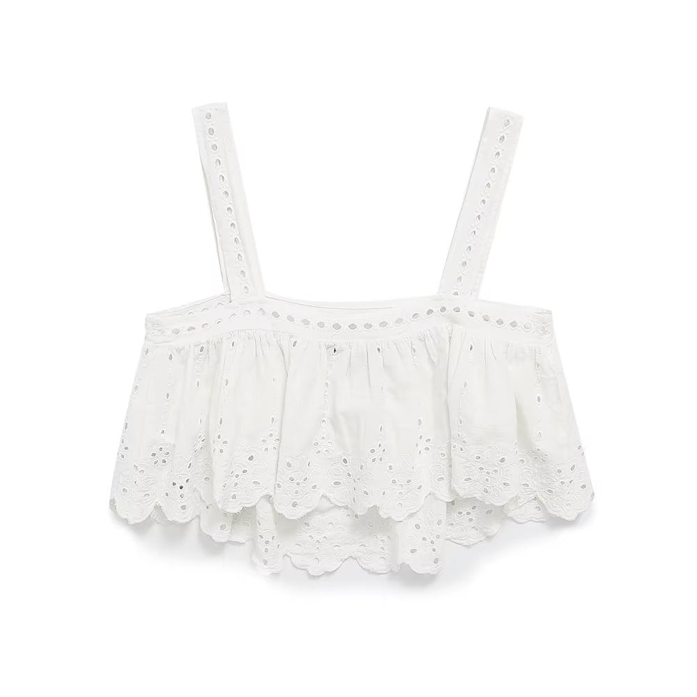White Embroidered Strap Top