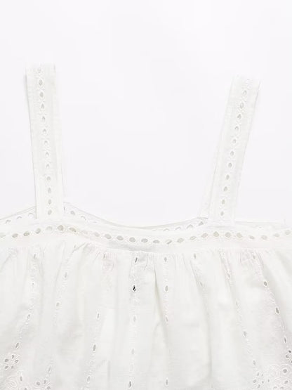 White Embroidered Strap Top