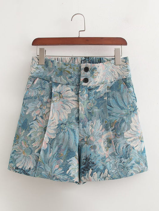 Floral Jacquard High Waist Shorts