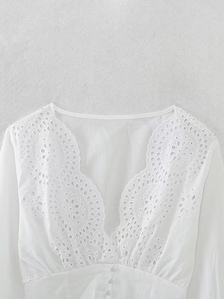 Lace V-neck Embroidery Short Blouse