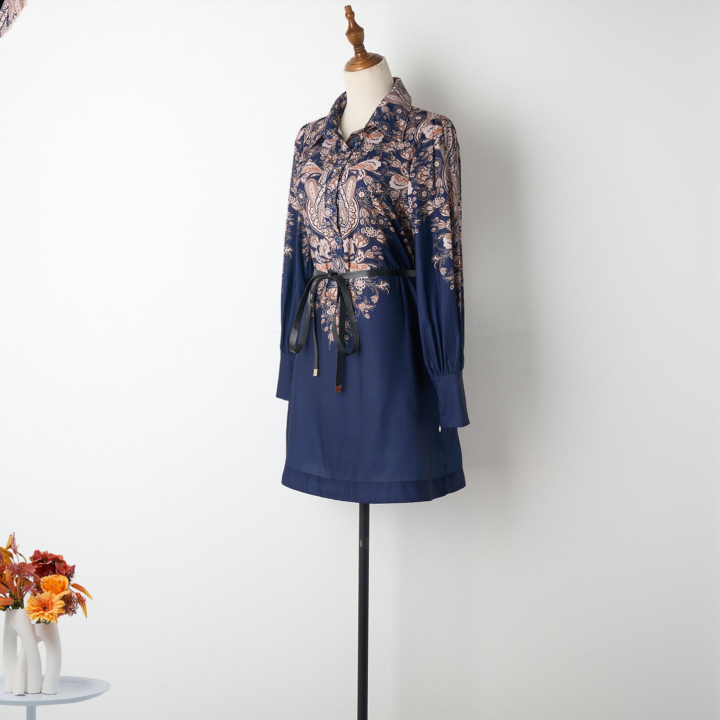 Paisley Lace Up Navy Dress