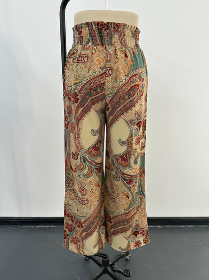 Paisley Printed Elastic Waist Wide Leg Pants