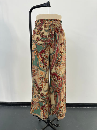 Paisley Printed Elastic Waist Wide Leg Pants