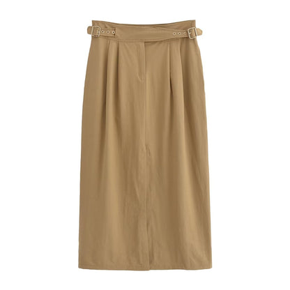 Khaki Buckle Midi Skirt