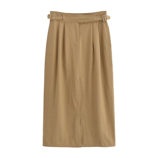 Khaki Buckle Midi Skirt