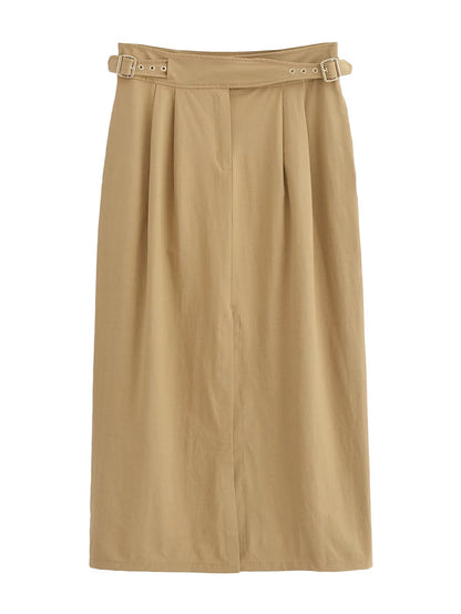Khaki Buckle Midi Skirt