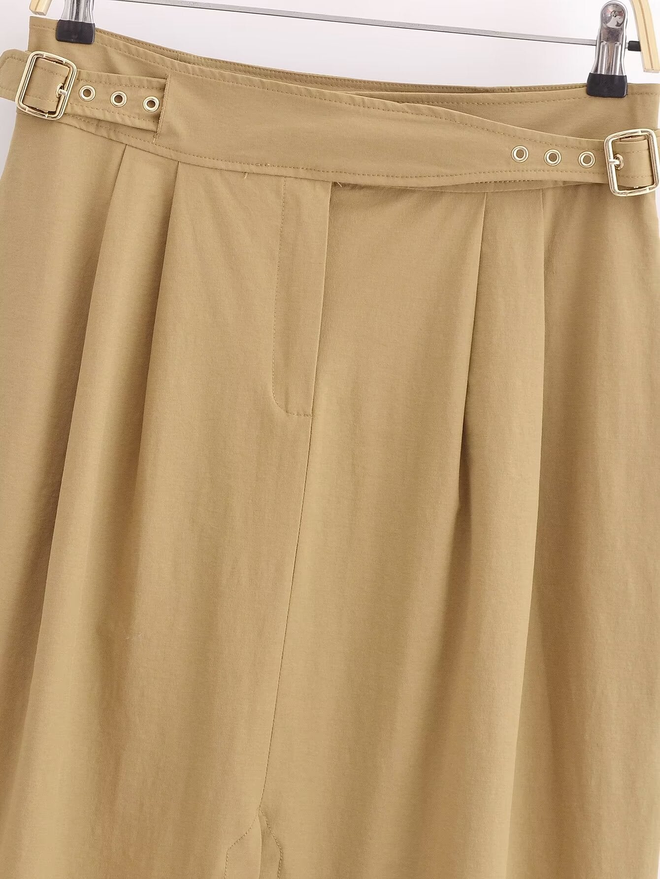 Khaki Buckle Midi Skirt
