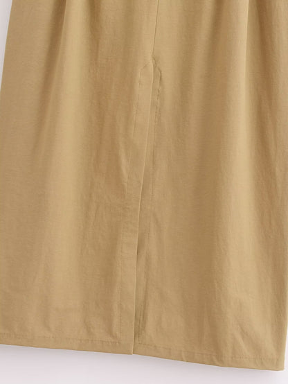 Khaki Buckle Midi Skirt