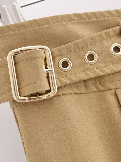 Khaki Buckle Midi Skirt