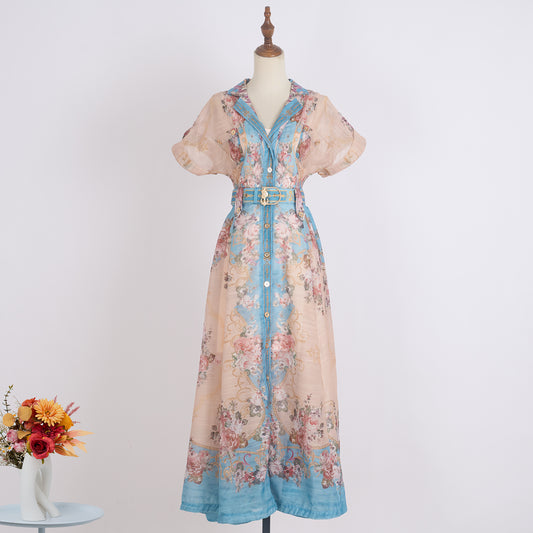 Printed Lapel Single Breasted A Line Dress w/ Belt