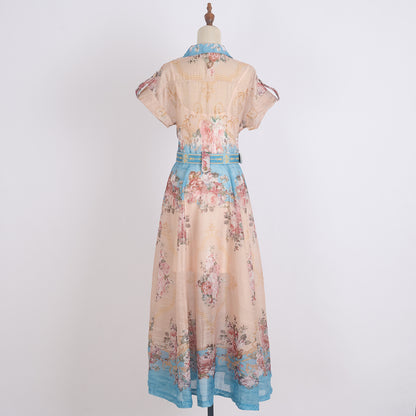 Printed Lapel Single Breasted A Line Dress w/ Belt