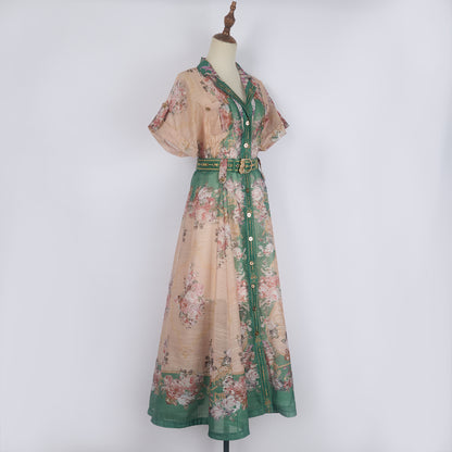Printed Lapel Single Breasted A Line Dress w/ Belt