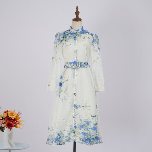 Single Breasted Stand Collar Lantern Long Sleeved Dress