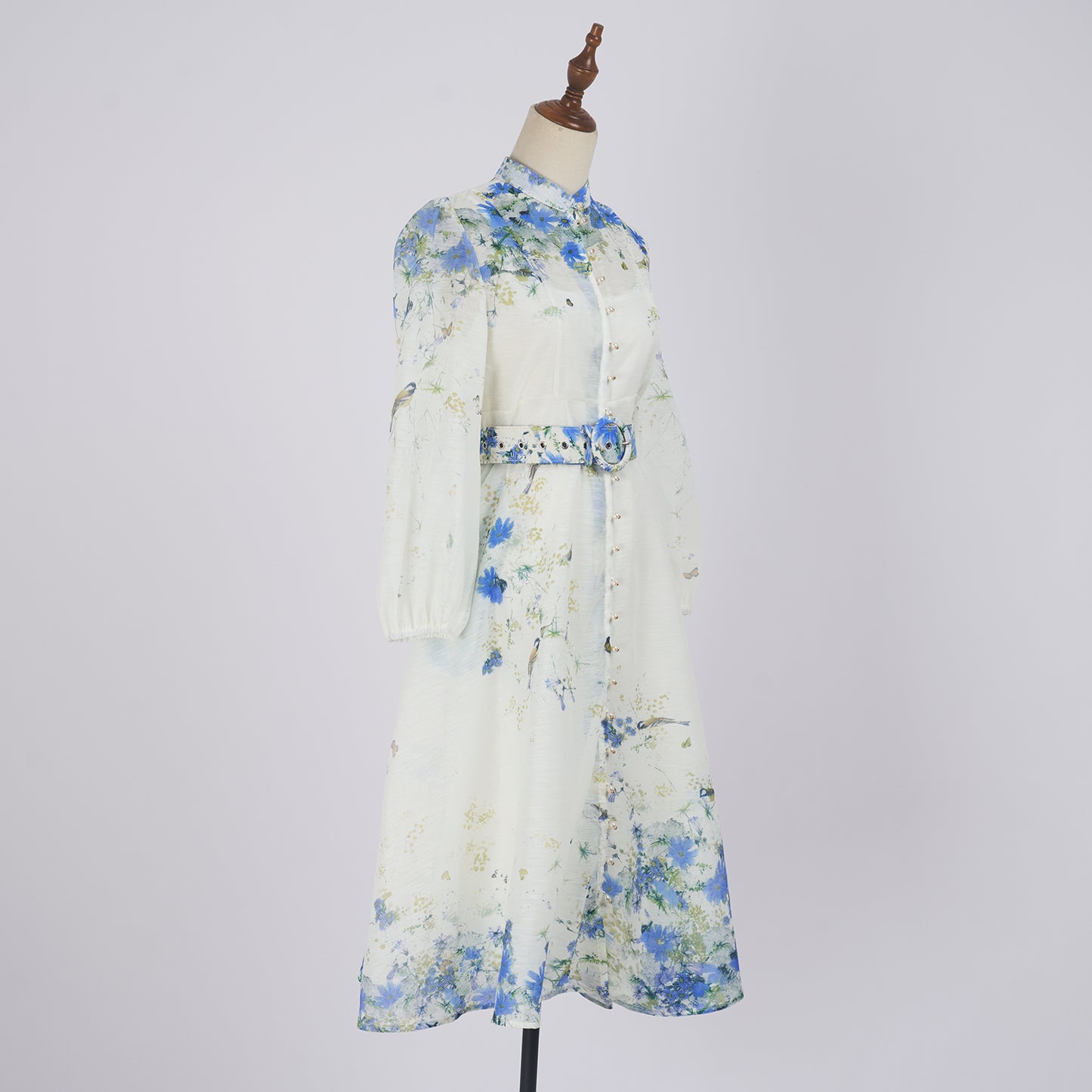 Single Breasted Stand Collar Lantern Long Sleeved Dress
