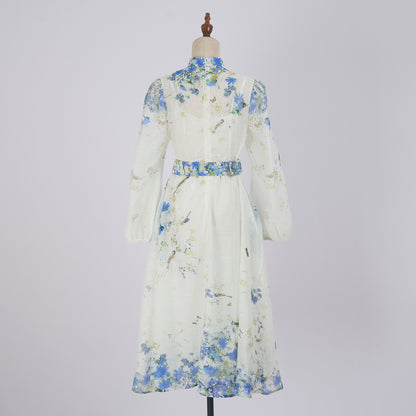Single Breasted Stand Collar Lantern Long Sleeved Dress