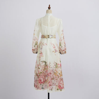 Lantern Long Sleeve Printed Shirt High Waist Elegant Dress