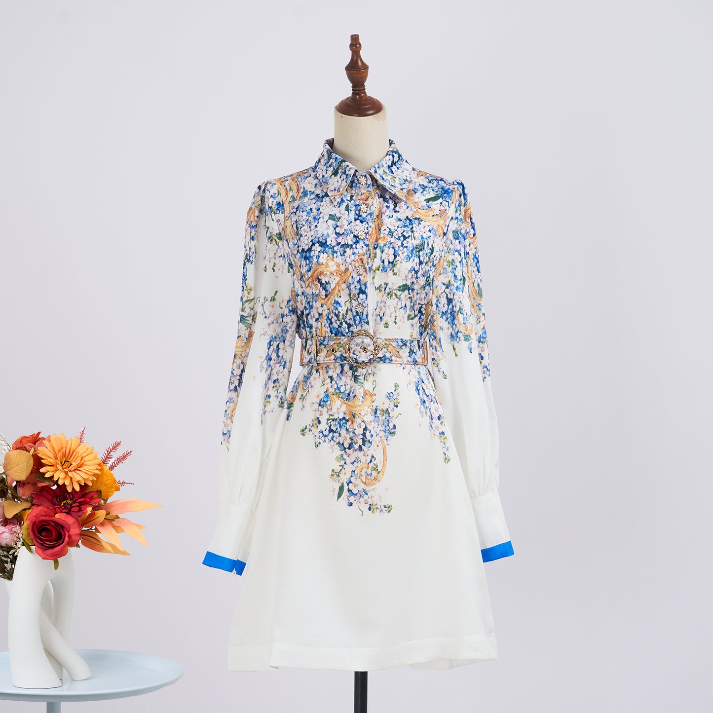 Summer Blue Floral Lapel Long Sleeve Dress w/ Belt